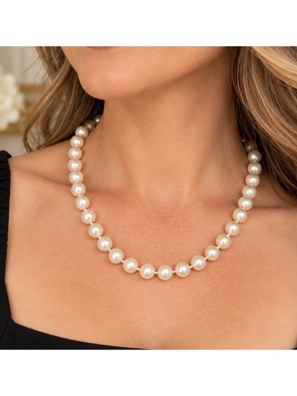 Vintage RMN Roman Faux Pearl Necklace Cream Knotted Strand Classic Bridal 18"